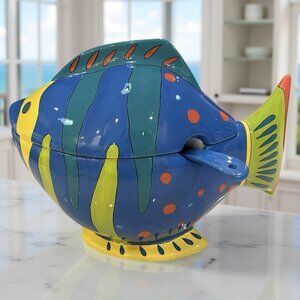 Vintage Dantes Design Group Large Fish Shaped Soup Tureen w/ Ladle - 14" Long